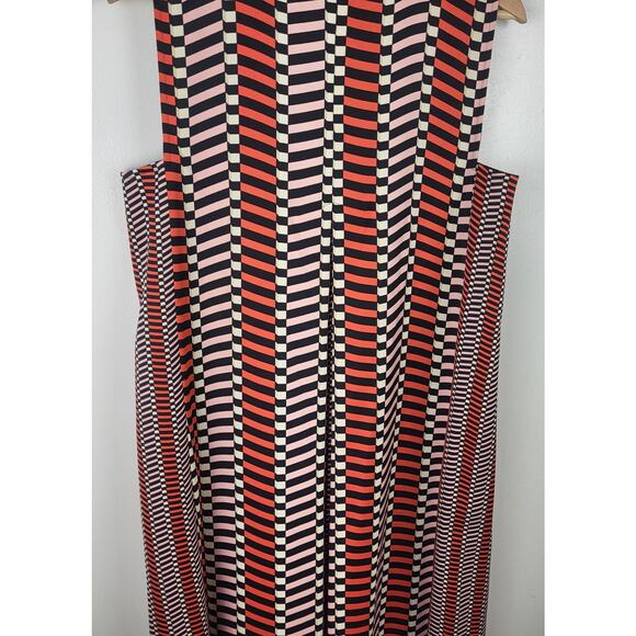 MARELLA Stripe Pleated A-Line Geometric Print Shift Silky Dress Black Orange | 8 - Picture 9 of 16